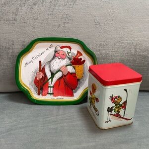 Vintage metal Suzy’s Zoo 1979 Christmas tin and JSNY tray